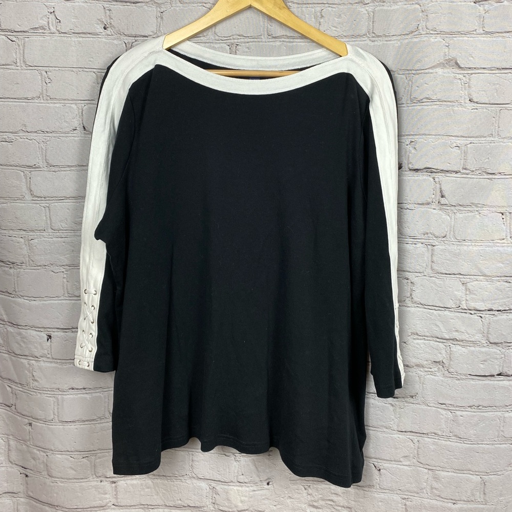 CHAPS Black & White Lace-Up Sleeve Boat-Neck 3/4 sleeve Blouse Top • Size 2X